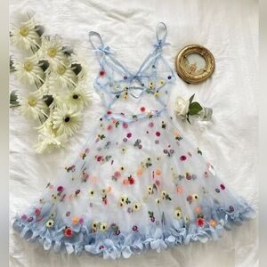 Light Blue Floral Embroidered Girls' Dress